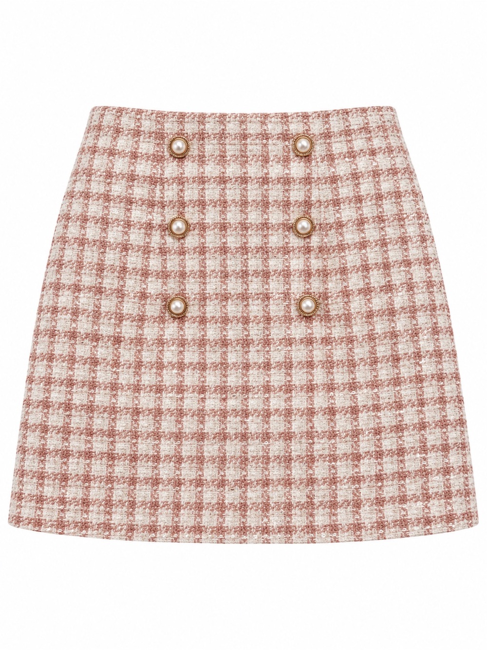 Red Dress Boutique Pink & Cream Plaid Tweed Pearl-Button Chanel Like Mini Skirt